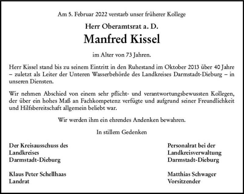  Traueranzeige für Manfred Kissel vom 19.02.2022 aus vrm-trauer Darmstädter Echo