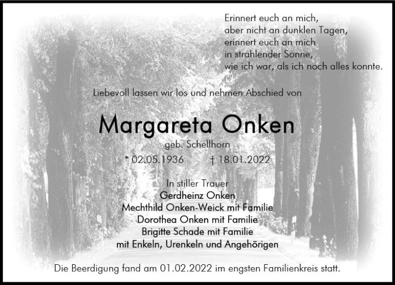  Traueranzeige für Margareta Onken vom 05.02.2022 aus vrm-trauer Darmstädter Echo
