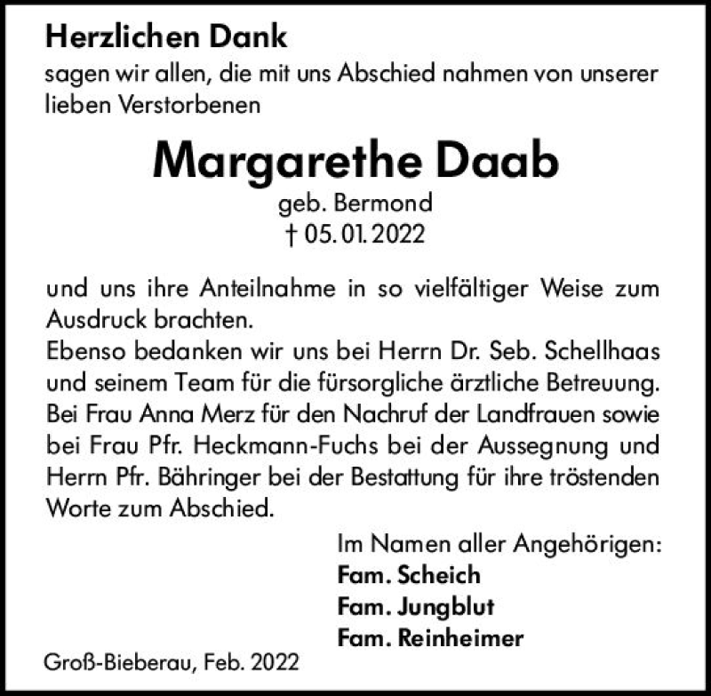  Traueranzeige für Margarethe Daab vom 26.02.2022 aus vrm-trauer Darmstädter Echo
