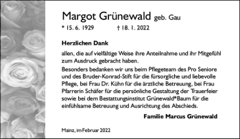 Traueranzeige von Margot Grünewald von vrm-trauer AZ Mainz