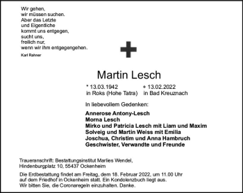 Traueranzeige von Martin Lesch von vrm-trauer Allgemeine  Zeitung Ingelheim-Bingen