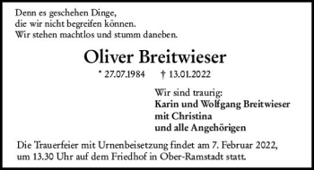 Traueranzeige von Oliver Breitwieser von vrm-trauer Darmstädter Echo
