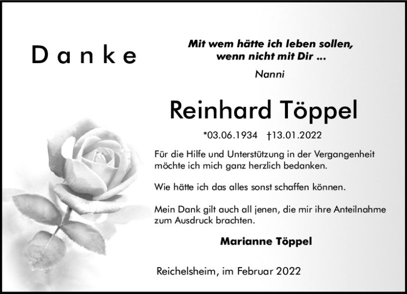  Traueranzeige für Reinhard Töppel vom 05.02.2022 aus vrm-trauer Odenwälder Echo