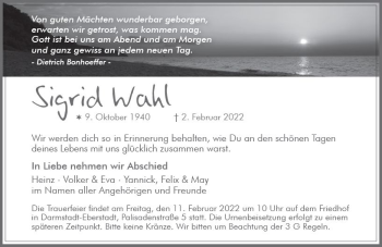 Traueranzeige von Sigrid Wahl von vrm-trauer Darmstädter Echo