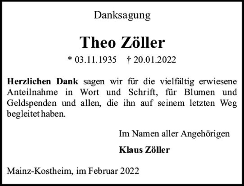  Traueranzeige für Theo Zöller vom 12.02.2022 aus vrm-trauer AZ Mainz