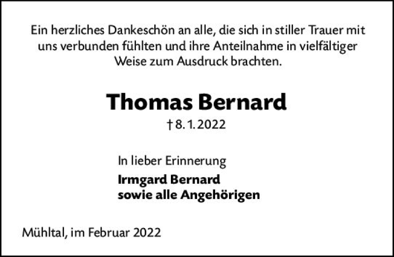  Traueranzeige für Thomas Bernard vom 12.02.2022 aus vrm-trauer Darmstädter Echo