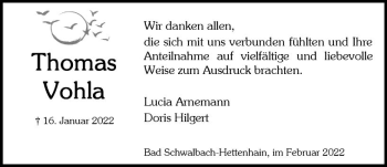 Traueranzeige von Thomas Vohla von vrm-trauer Wiesbadener Kurier