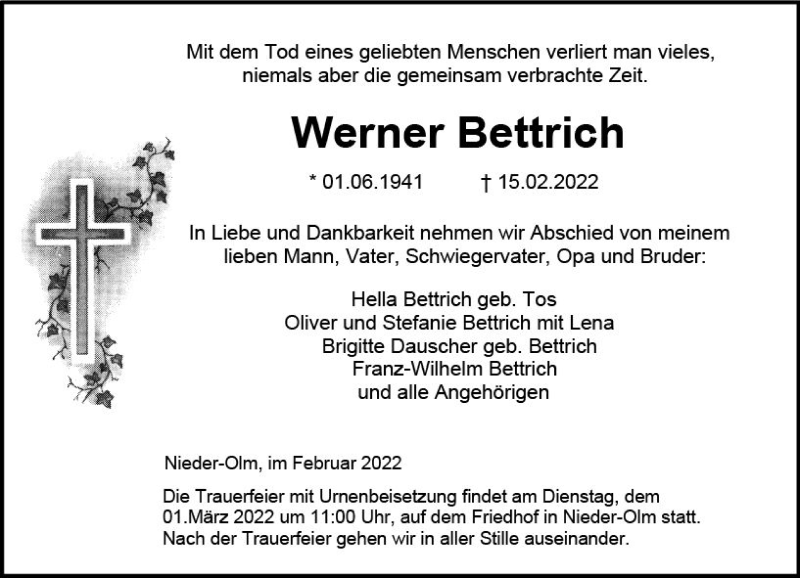  Traueranzeige für Werner Bettrich vom 19.02.2022 aus vrm-trauer AZ Mainz