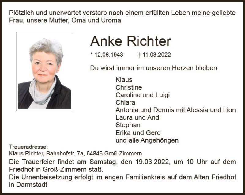  Traueranzeige für Anke Richter vom 17.03.2022 aus vrm-trauer DieburgerAnzeiger/Groß-Zimmerner Lokala