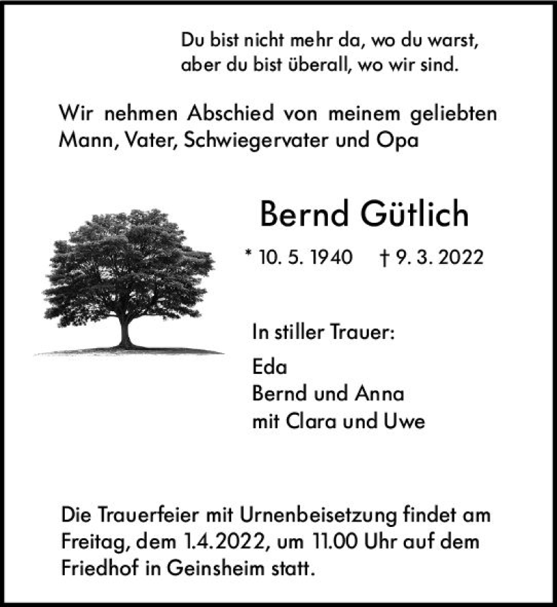  Traueranzeige für Bernd Gütlich vom 25.03.2022 aus vrm-trauer Rüsselsheimer Echo / MainSpitze