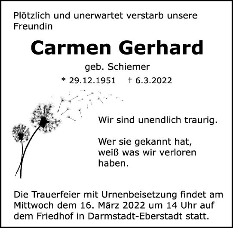  Traueranzeige für Carmen Gerhard vom 12.03.2022 aus vrm-trauer Darmstädter Echo