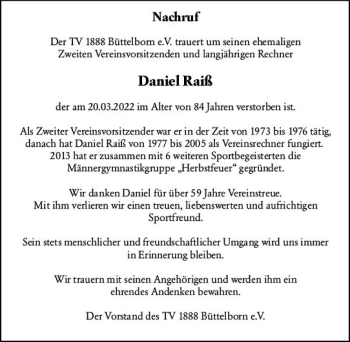 Traueranzeige von Daniel Raiß von vrm-trauer Groß-Gerauer Echo