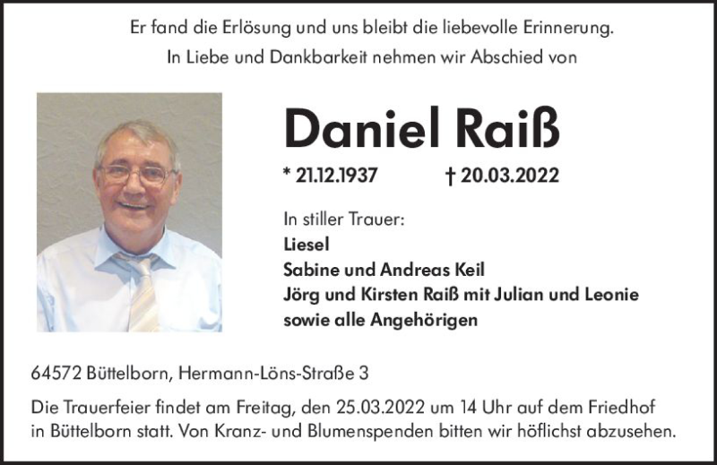  Traueranzeige für Daniel Raiß vom 23.03.2022 aus vrm-trauer Groß-Gerauer Echo