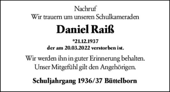 Traueranzeige von Daniel Raiß von vrm-trauer Groß-Gerauer Echo