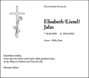 Traueranzeige von Elisabeth Jahn von vrm-trauer DieburgerAnzeiger/Groß-Zimmerner Lokala