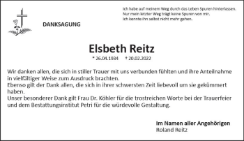Traueranzeige von Elsbeth Reitz von vrm-trauer Rüsselsheimer Echo / MainSpitze