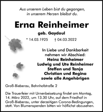 Traueranzeige von Erna Reinheimer von vrm-trauer Darmstädter Echo