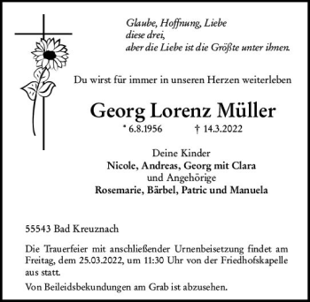 Traueranzeige von Georg Lorenz Müller von vrm-trauer Allg. Zeitung Bad Kreuznach