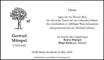 Traueranzeige von Gertrud Mämpel von vrm-trauer AZ Mainz