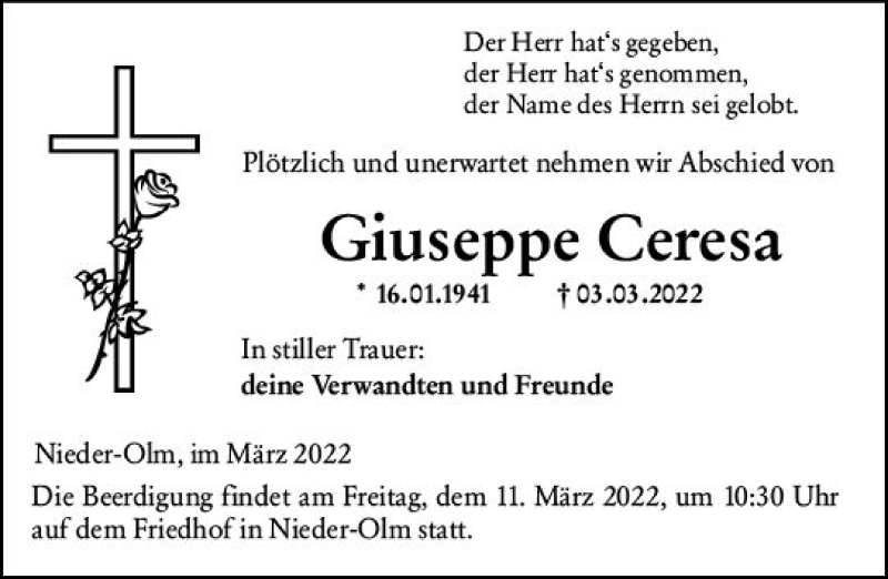  Traueranzeige für Giuseppe Ceresa vom 10.03.2022 aus vrm-trauer AZ Mainz