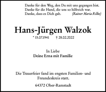 Traueranzeige von Hans-Jürgen Walzok von vrm-trauer Darmstädter Echo