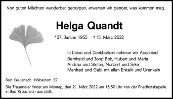 Traueranzeige von Helga Quandt von vrm-trauer Allg. Zeitung Bad Kreuznach