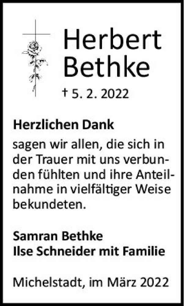  Traueranzeige für Herbert Bethke vom 19.03.2022 aus vrm-trauer Odenwälder Echo