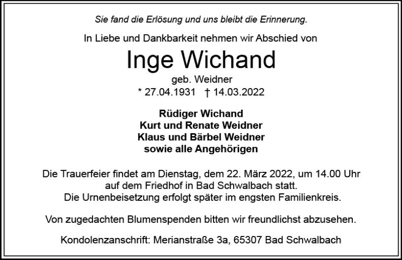 Traueranzeige für Inge Wichand vom 19.03.2022 aus vrm-trauer WK-UTA