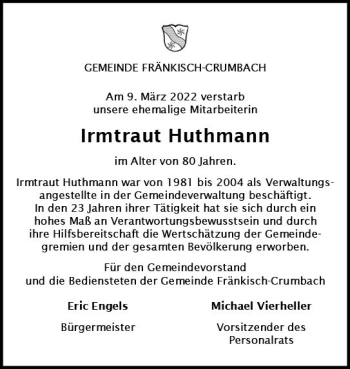 Traueranzeige von Irmtraut Huthmann von vrm-trauer Odenwälder Echo