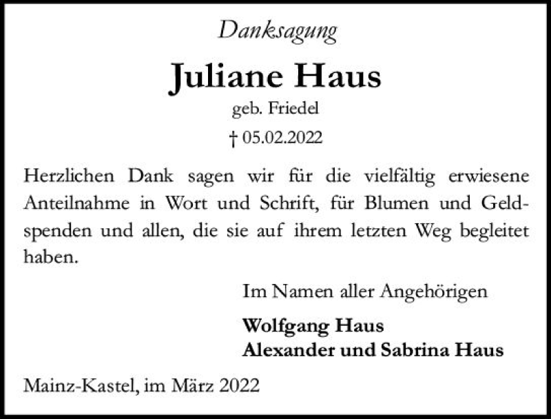  Traueranzeige für Juliane Haus vom 12.03.2022 aus vrm-trauer AZ Mainz