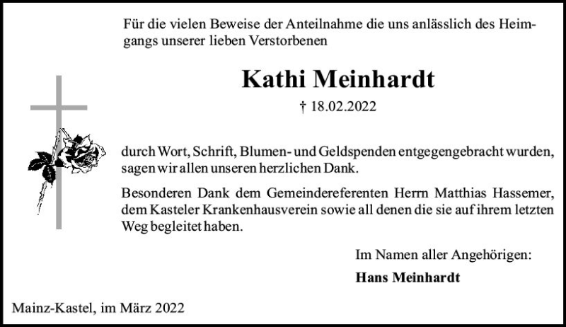  Traueranzeige für Kathi Meinhardt vom 12.03.2022 aus vrm-trauer AZ Mainz