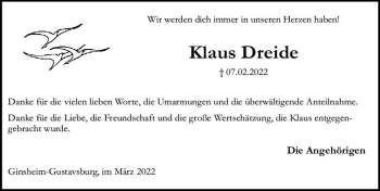 Traueranzeige von Klaus Dreide von vrm-trauer Rüsselsheimer Echo / MainSpitze