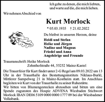 Traueranzeige von Kurt Morlock von vrm-trauer AZ Mainz