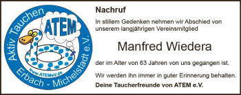 Traueranzeige von Manfred Wiedera von vrm-trauer Odenwälder Echo