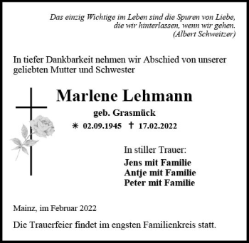 Traueranzeige von Marlene Lehmann von vrm-trauer AZ Mainz