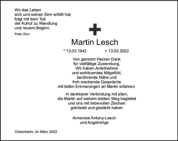 Traueranzeige von Martin Lesch von vrm-trauer Allgemeine  Zeitung Ingelheim-Bingen