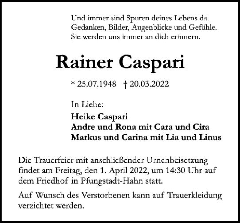  Traueranzeige für Rainer Caspari vom 26.03.2022 aus vrm-trauer Darmstädter Echo