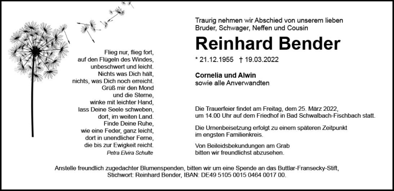  Traueranzeige für Reinhard Bender vom 23.03.2022 aus vrm-trauer Wiesbadener Kurier