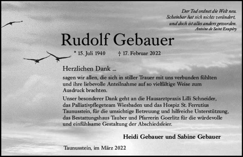  Traueranzeige für Rudolf Gebauer vom 26.03.2022 aus vrm-trauer Wiesbadener Kurier