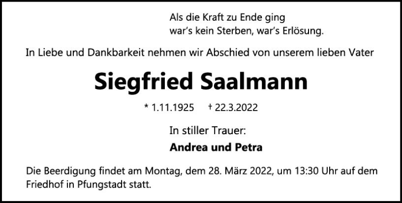  Traueranzeige für Siegfried Saalmann vom 26.03.2022 aus vrm-trauer Darmstädter Echo