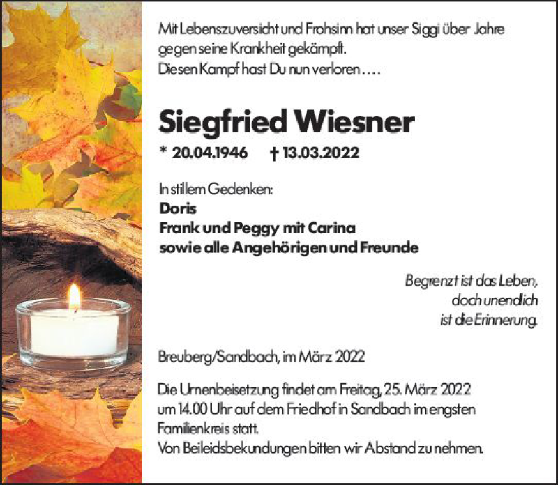  Traueranzeige für Siegfried Wiesner vom 19.03.2022 aus vrm-trauer Odenwälder Echo