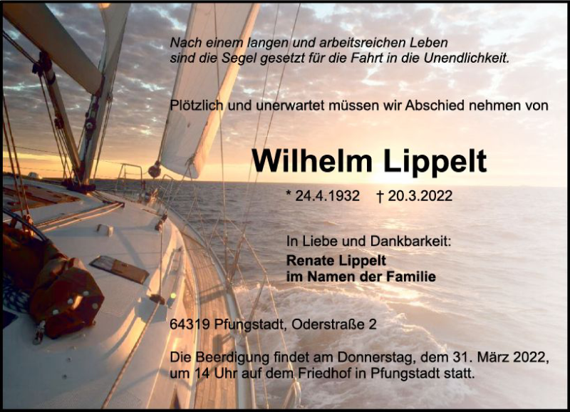  Traueranzeige für Wilhelm Lippelt vom 26.03.2022 aus vrm-trauer Darmstädter Echo