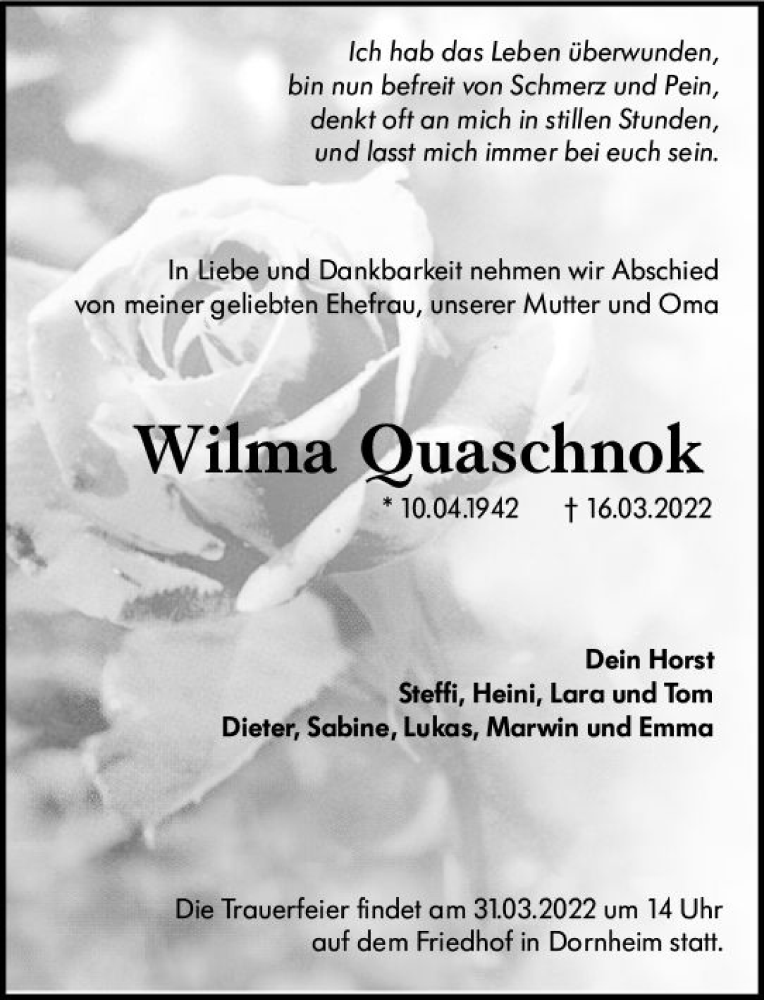 Traueranzeige für Wilma Quaschnok vom 26.03.2022 aus vrm-trauer Groß-Gerauer Echo