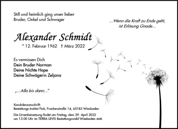 Traueranzeige von Alexander Schmidt von vrm-trauer Wiesbadener Kurier