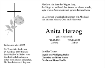 Traueranzeige von Anita Herzog von vrm-trauer Rüsselsheimer Echo / MainSpitze