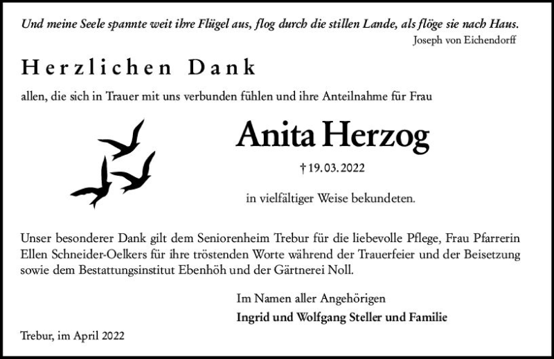  Traueranzeige für Anita Herzog vom 16.04.2022 aus vrm-trauer Rüsselsheimer Echo / MainSpitze