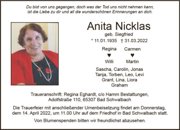 Traueranzeige von Anita Nicklas von vrm-trauer WK-UTA