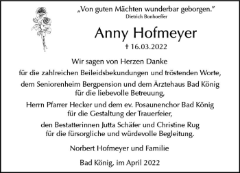Traueranzeige von Anny Hofmeyer von vrm-trauer Odenwälder Echo
