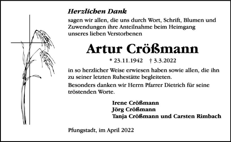  Traueranzeige für Artur Crößmann vom 02.04.2022 aus vrm-trauer Darmstädter Echo