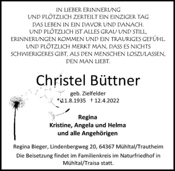 Traueranzeige von Christel Büttner von vrm-trauer Darmstädter Echo